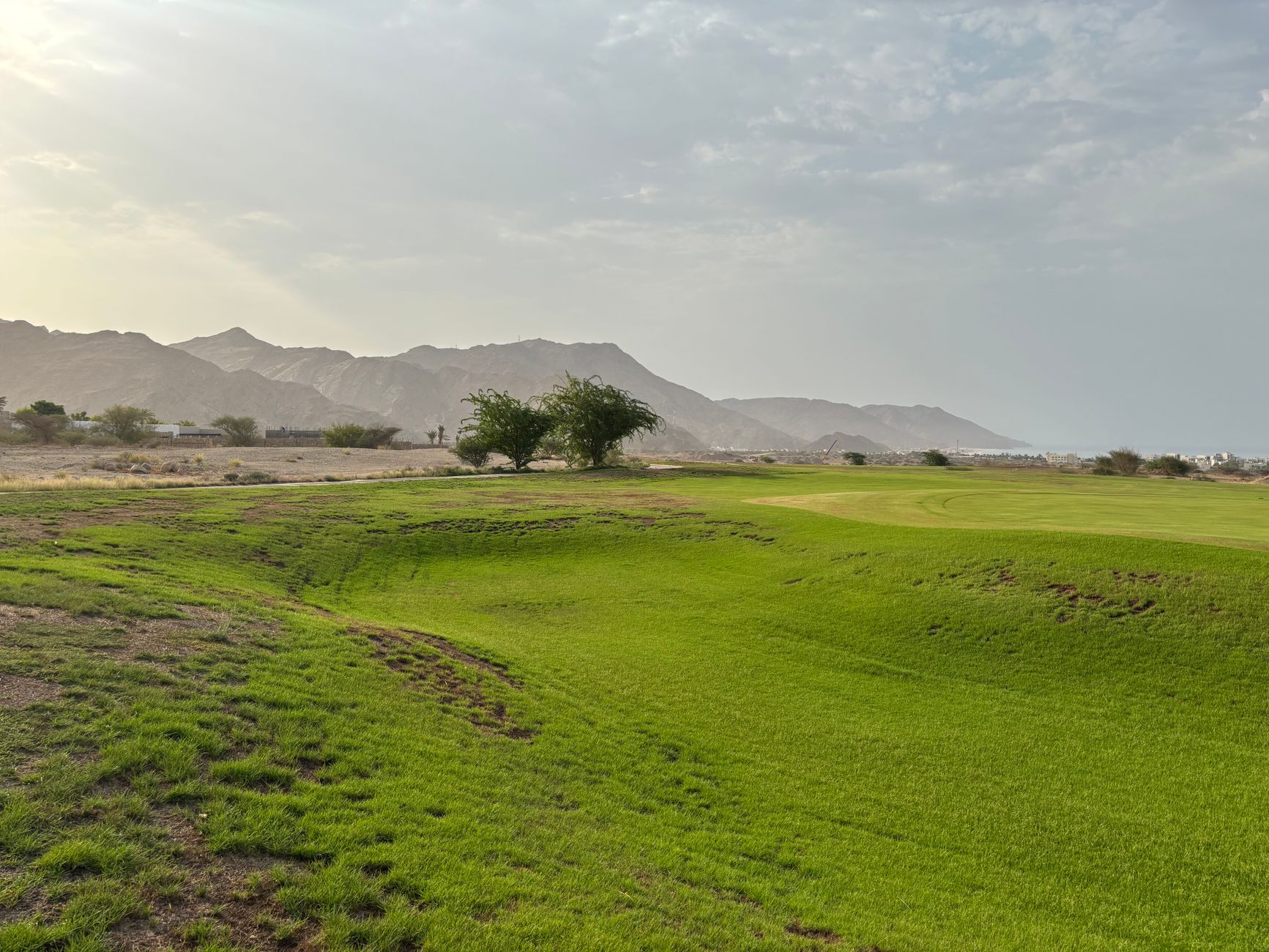 Desert golf fairway with red rock hills in the background at dusk.