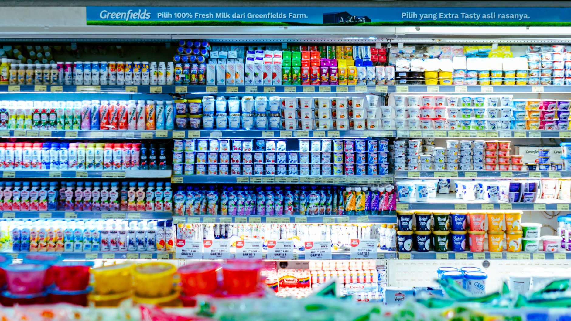 Refrigerated yogurt cups stacked in a retail dairy case, showing the product this line packs.