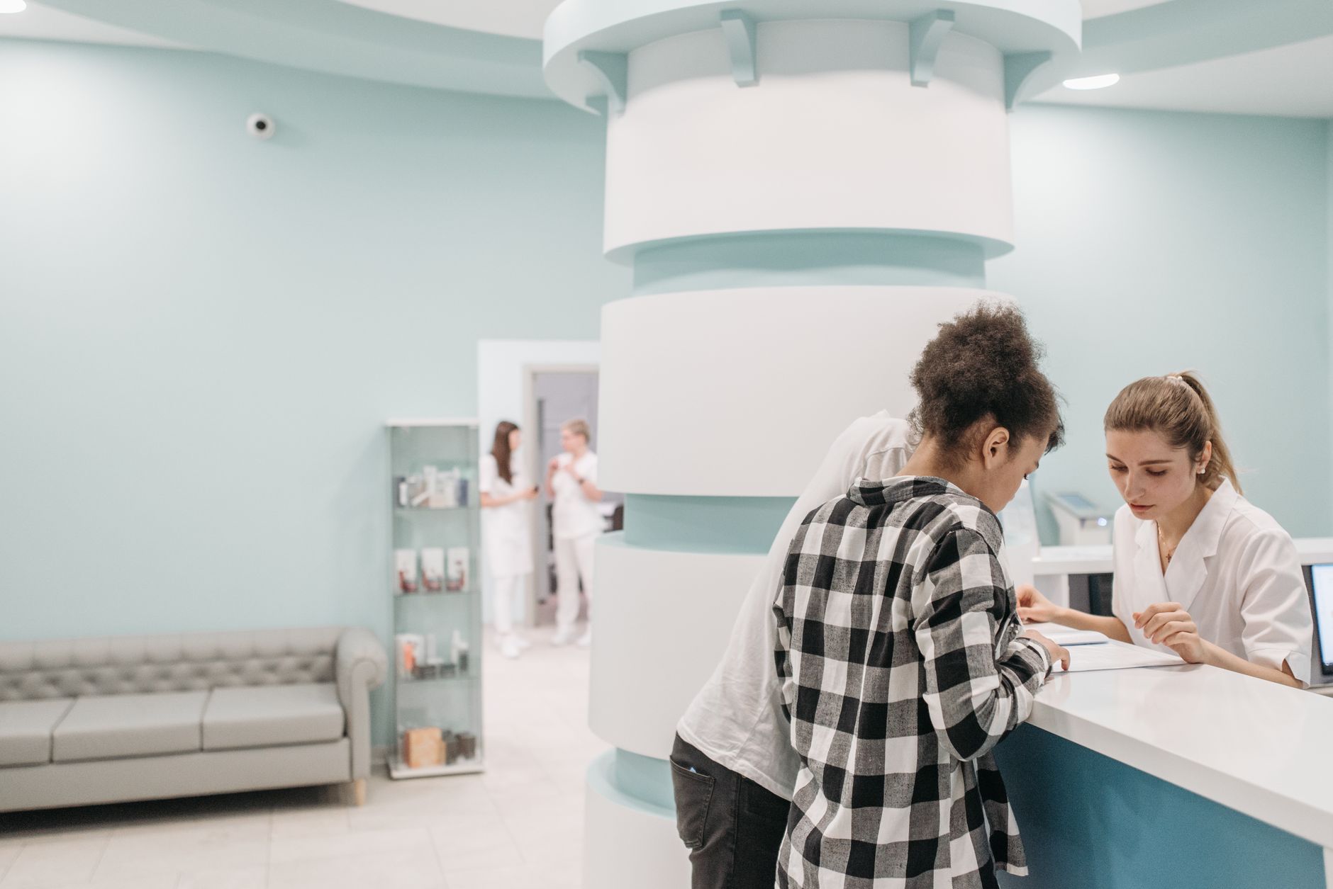 A clinic reception zone where lower bioburden supports patient confidence.