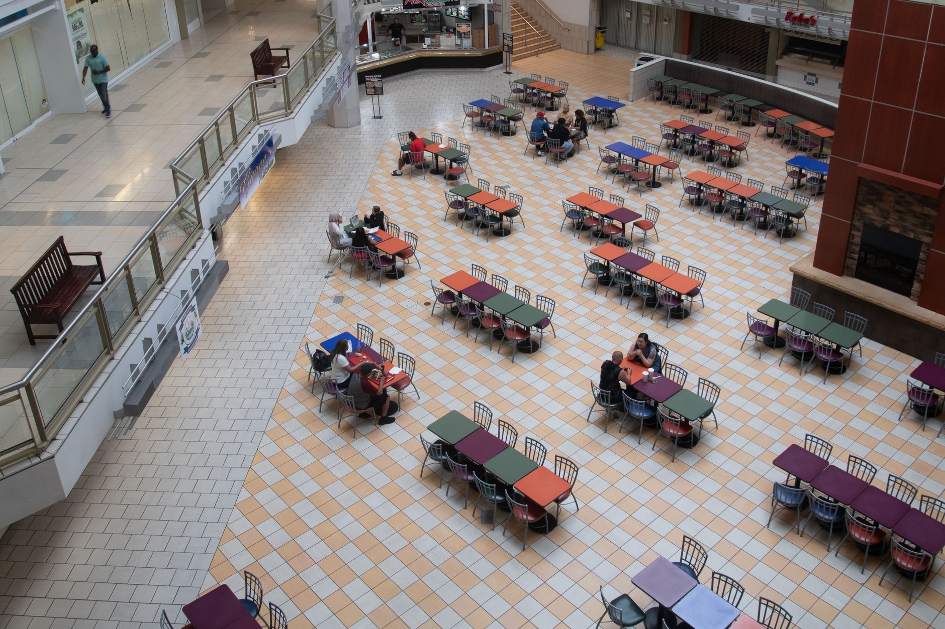 A mall food court zone that benefits from consistent overnight floor care before the lunch rush.