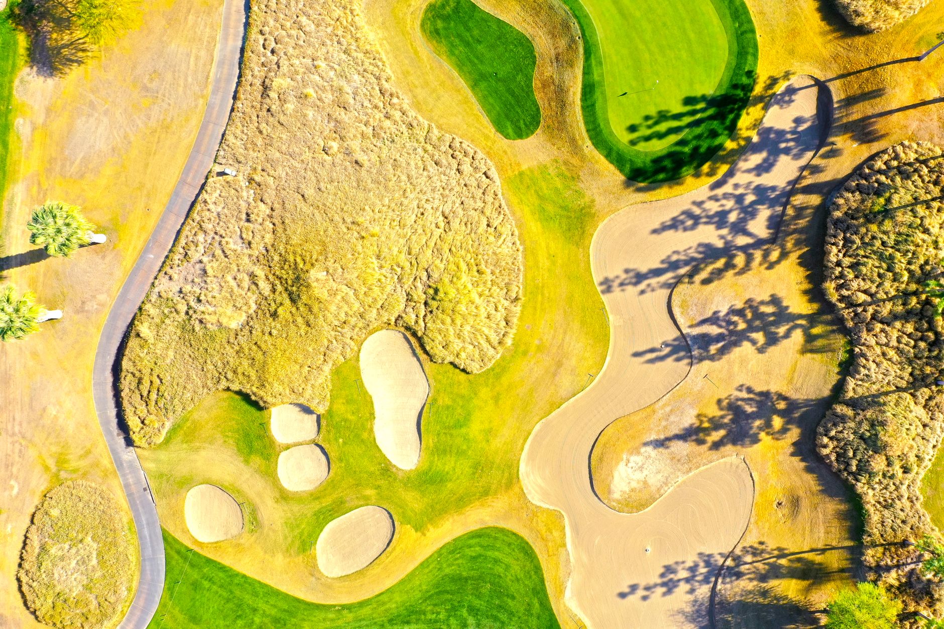 Aerial view of fairway corridors and tree lines, evoking mapped autonomous mowing zones across open turf.