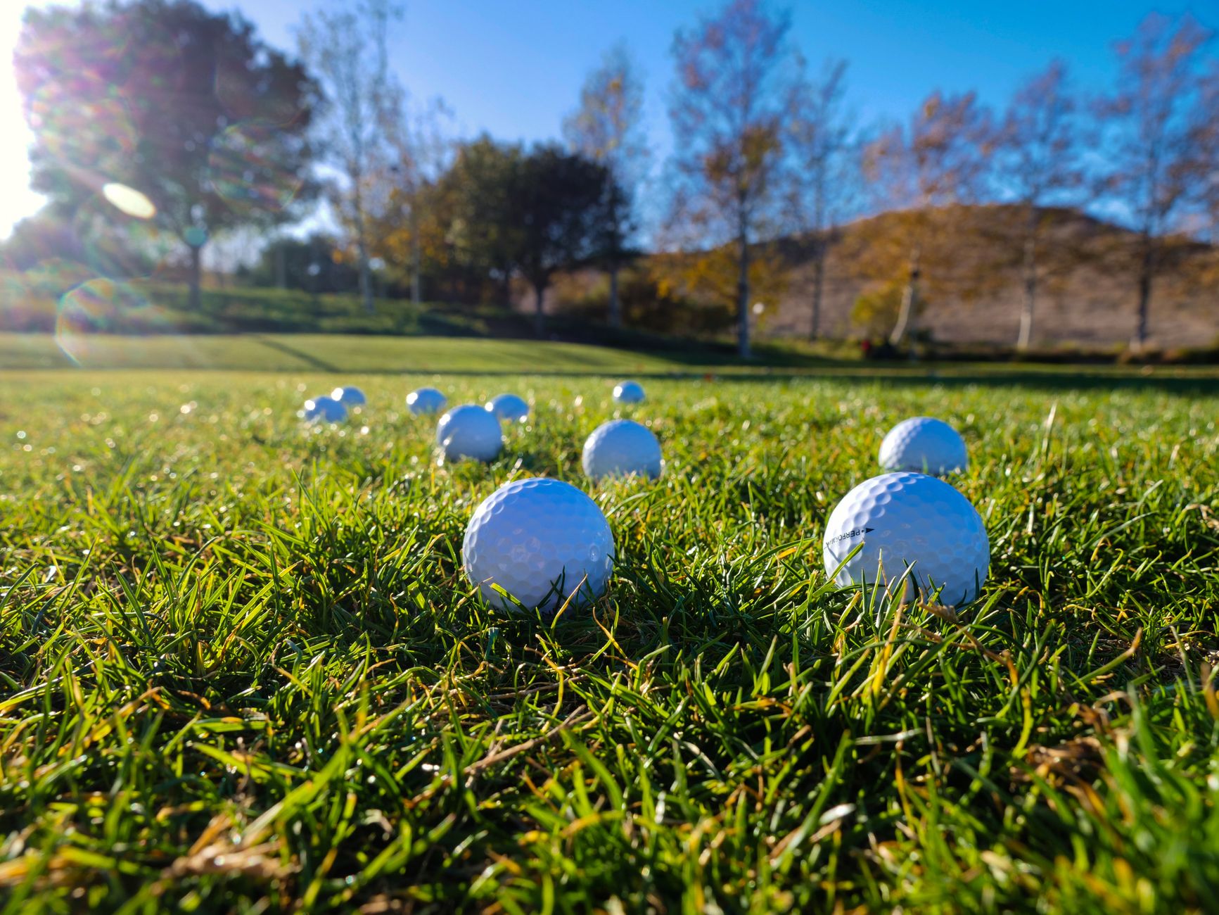 Golf balls scattered on a lush green course under a clear blue sky