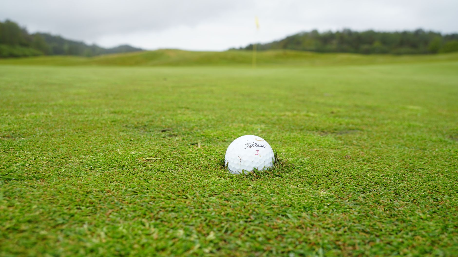 Close-up of a golf ball on a lush green golf course with cloudy skies in the background