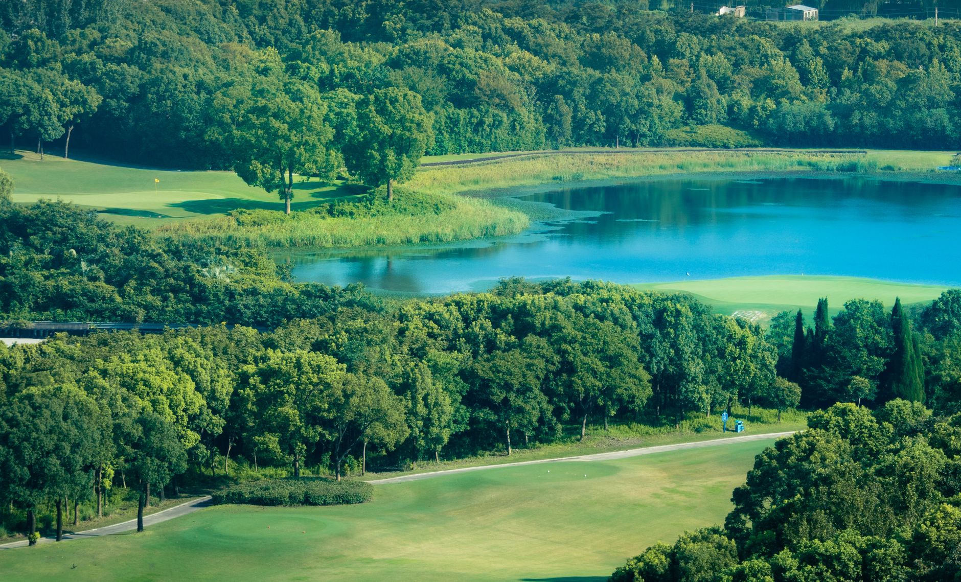 Aerial view of a lush green golf course surrounded by forest and a tranquil lake