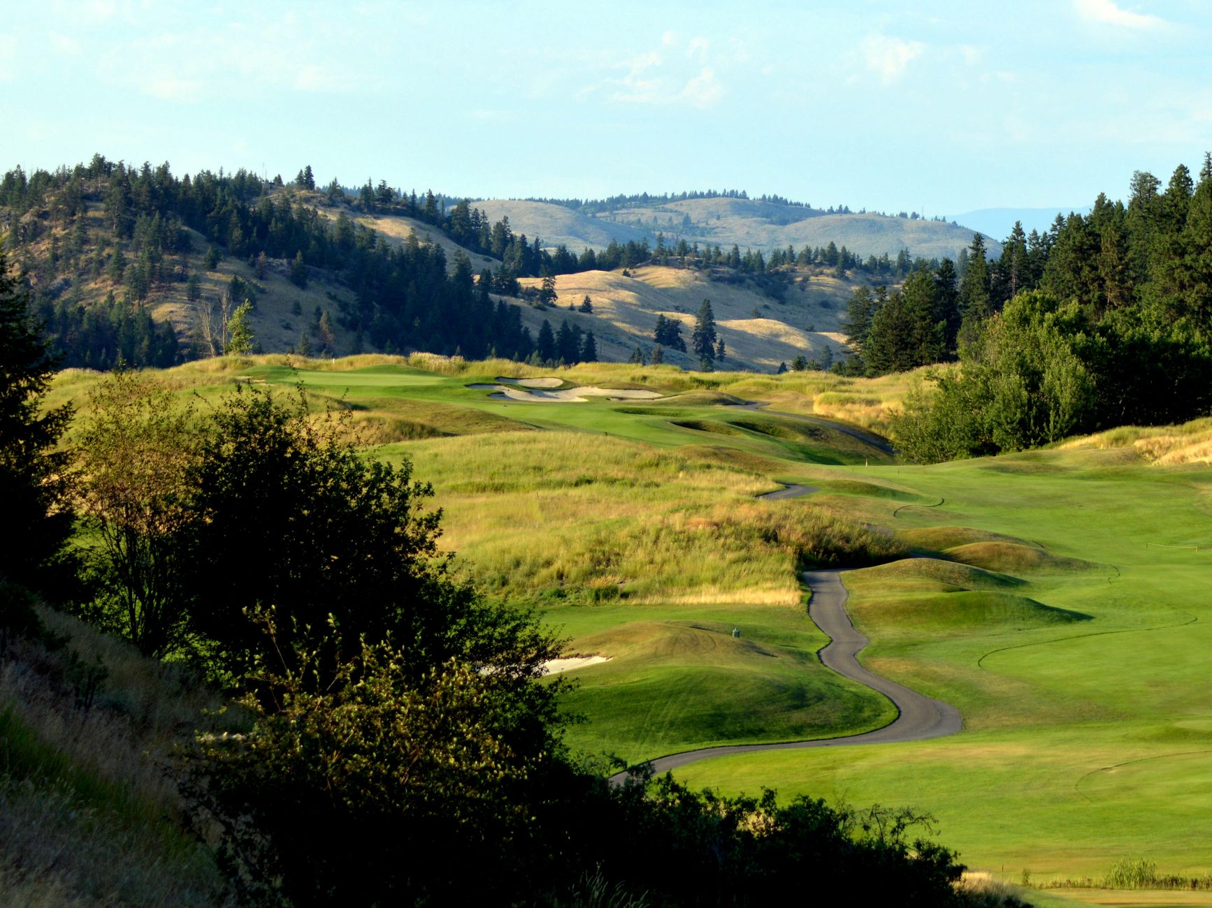 Lush green golf course nestled between rolling hills and trees in a scenic summer setting
