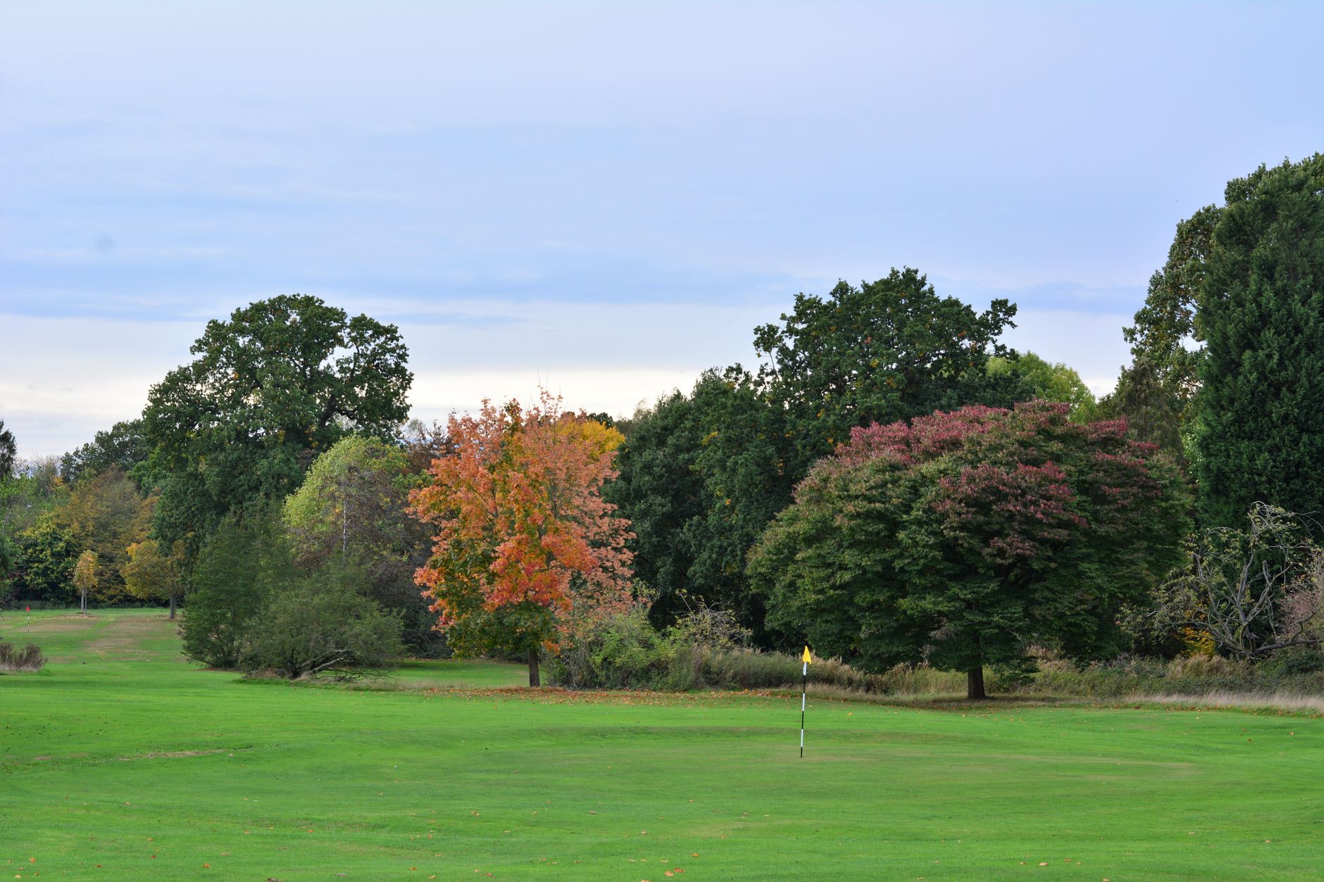 Autumn scene on a golf course with vibrant trees and a lush green field