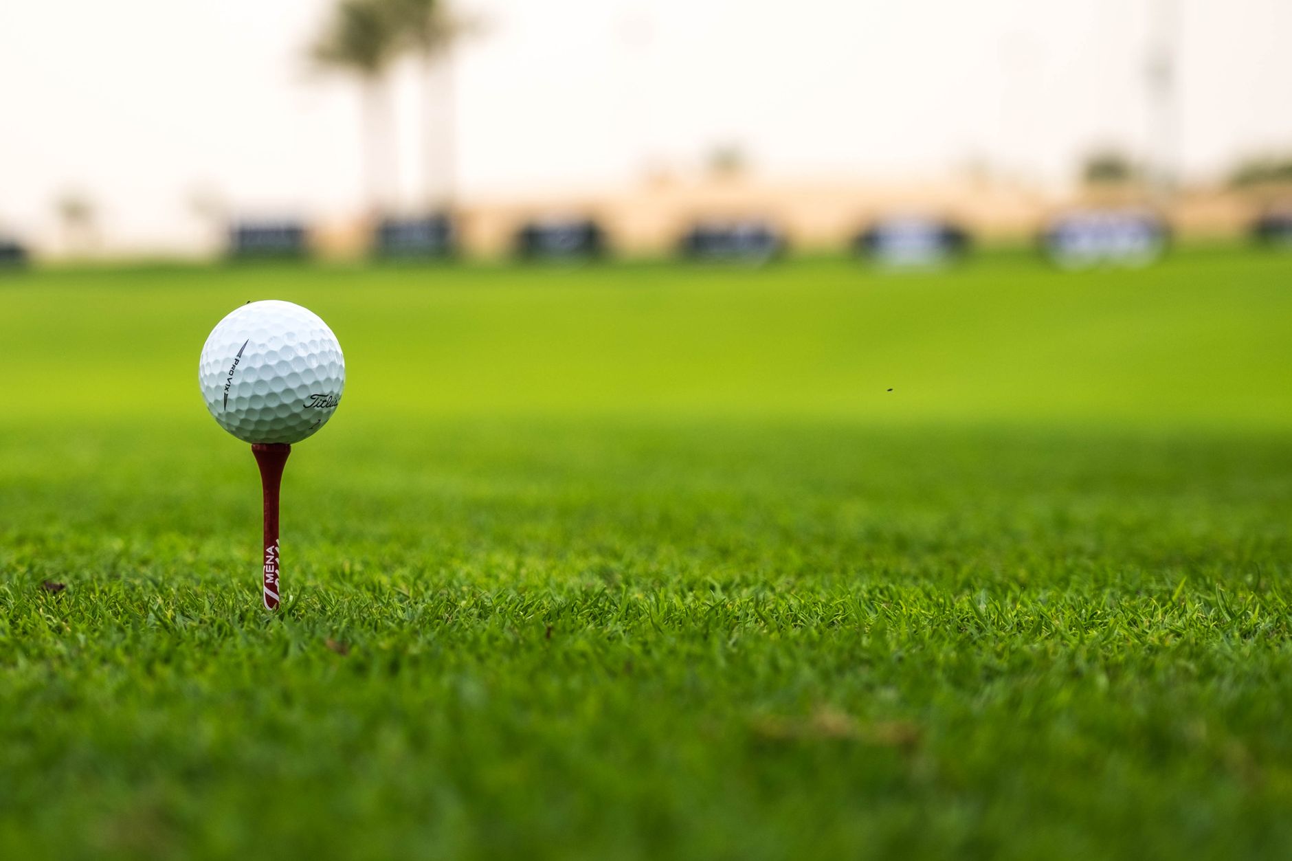 Close-up of a golf ball on a tee on a vibrant fairway