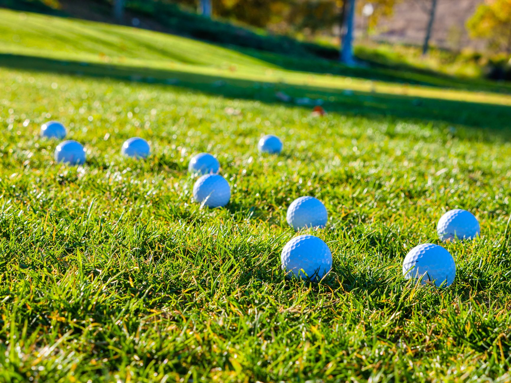 Golf balls scattered on a vibrant green fairway under sunny skies