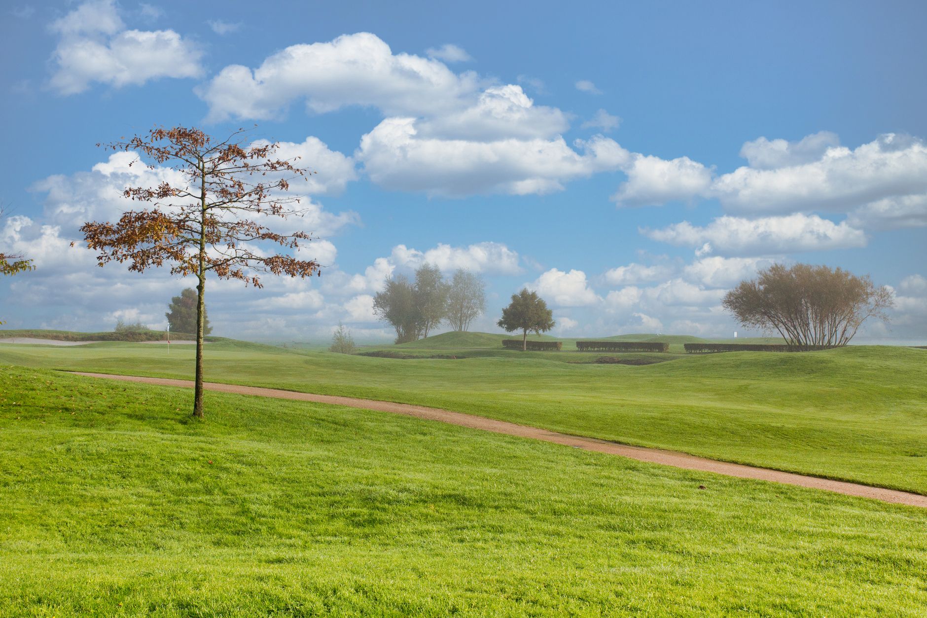 Stunning golf course view featuring blue skies, green fairways, and scenic nature