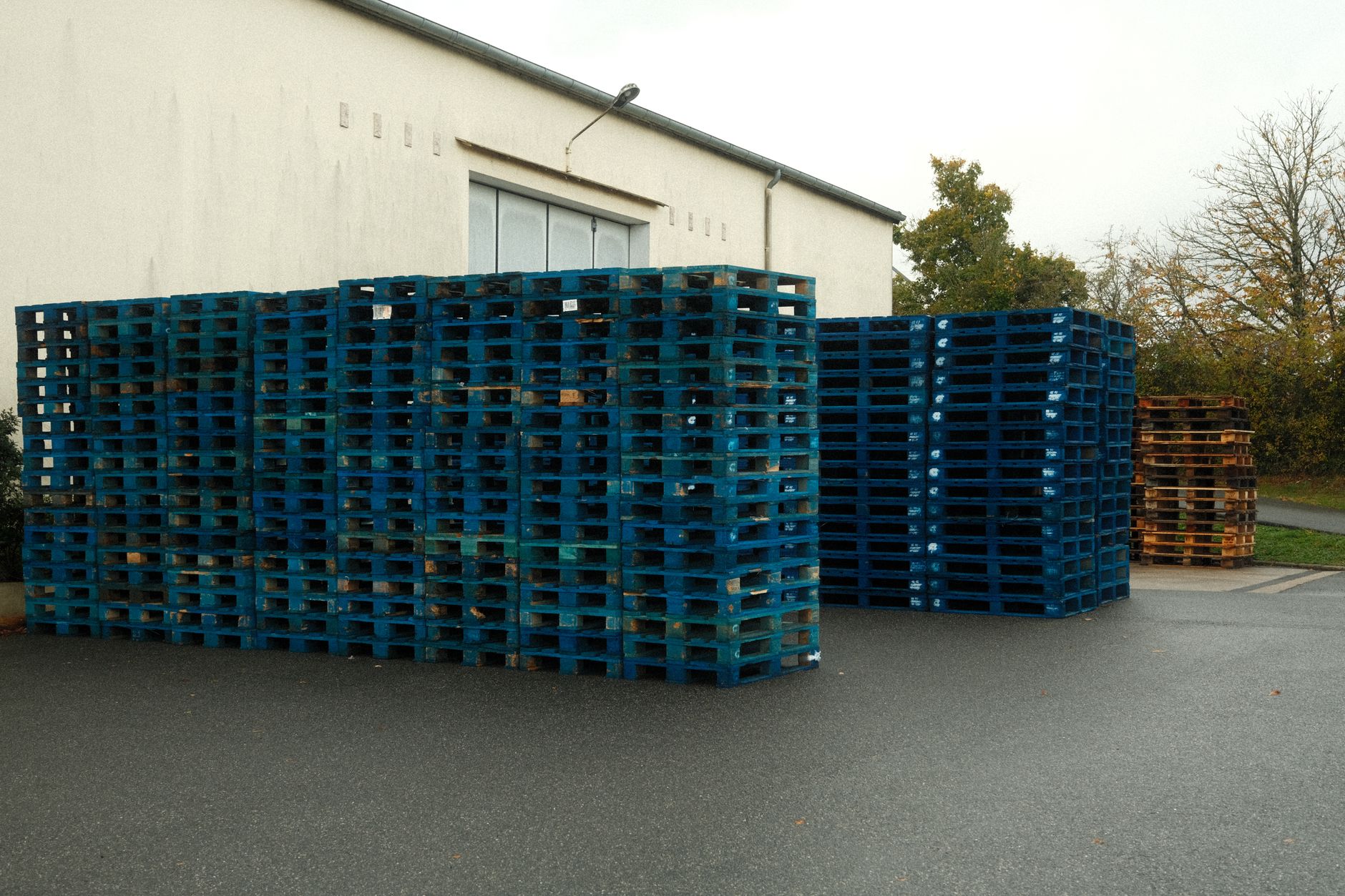 Shrink-wrapped pallets and cardboard cartons staged in a warehouse shipping area.