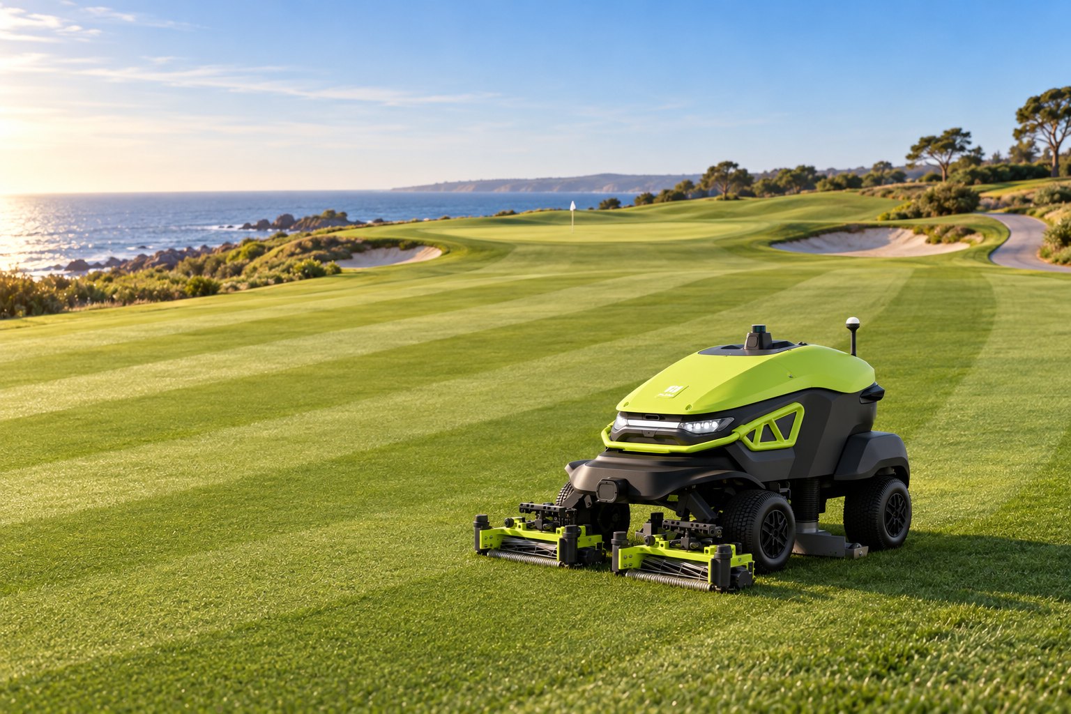 An autonomous fairway mower on a coastal golf course