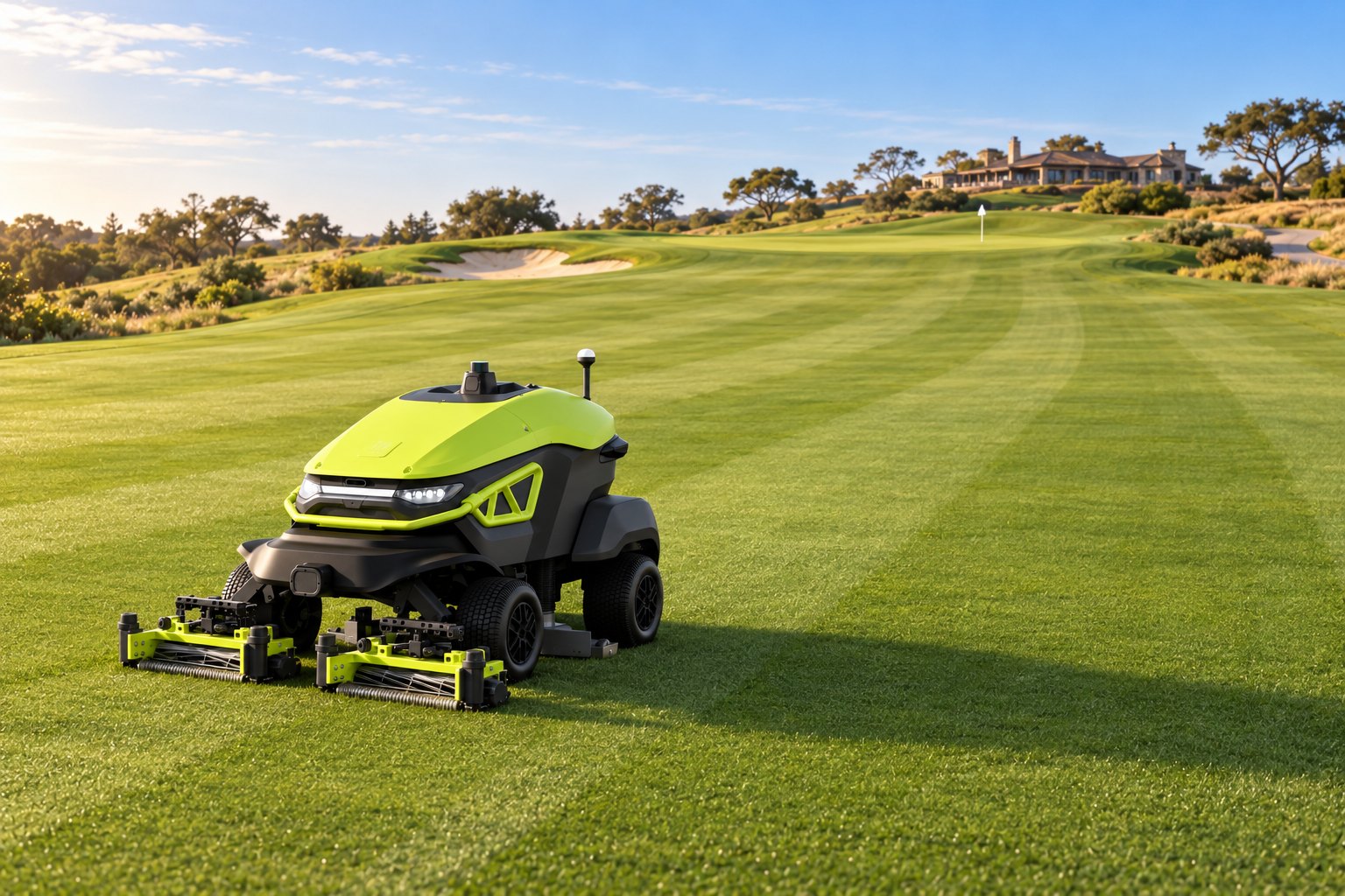 An autonomous fairway mower with reel cutting units on a striped fairway