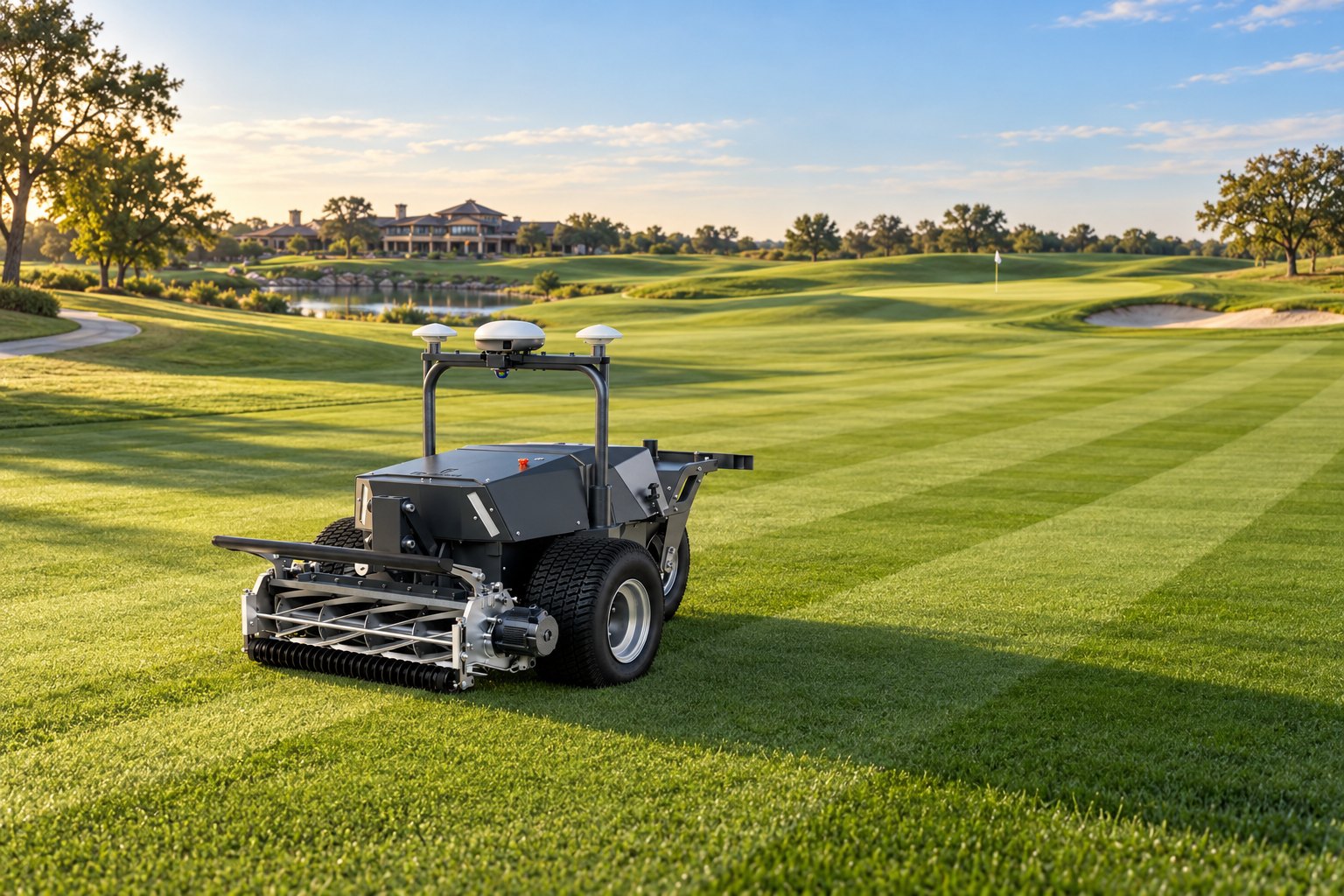 An autonomous reel mower on a parkland fairway near the clubhouse