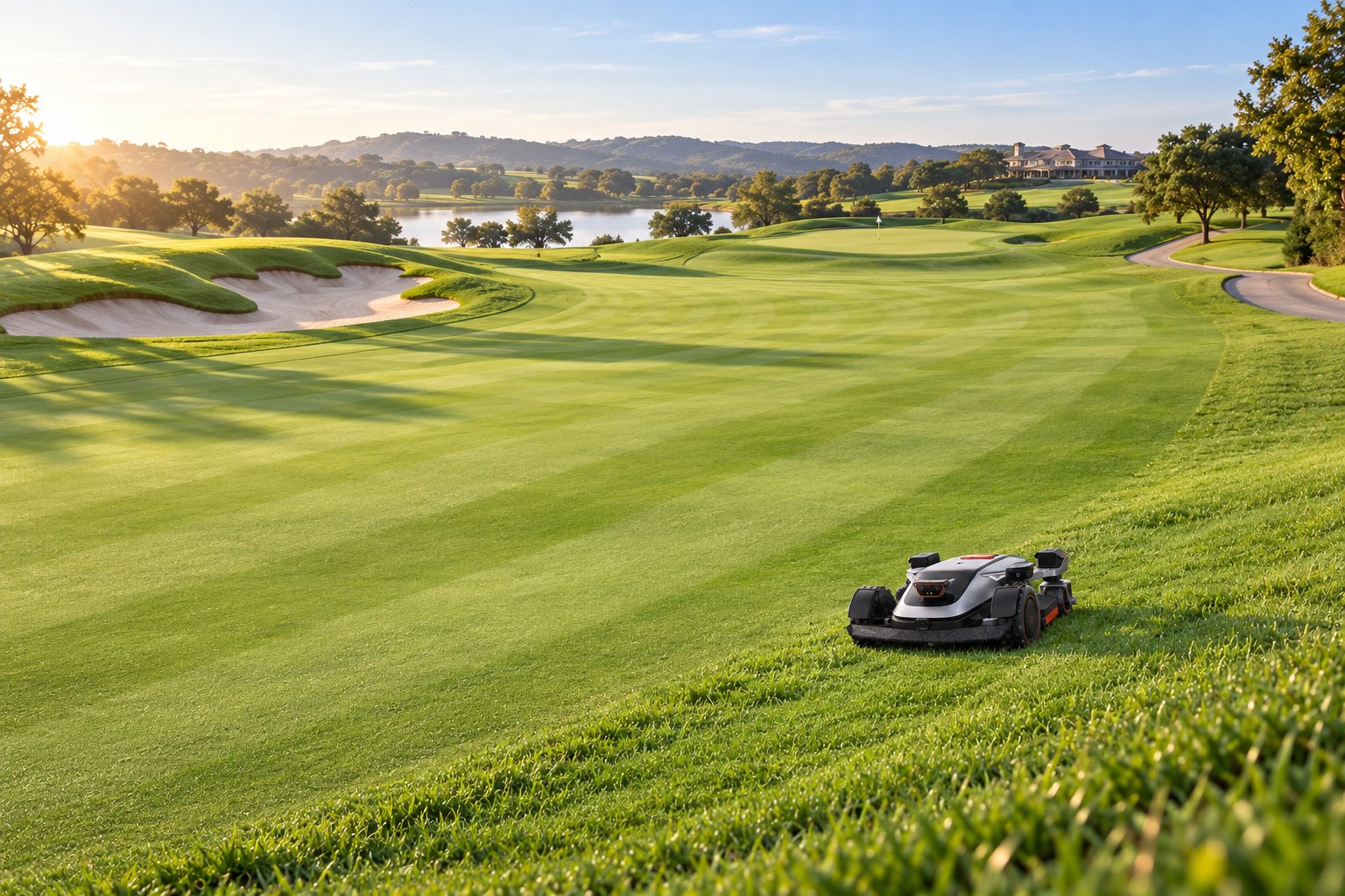 A compact autonomous mower in the rough on a wide golf course