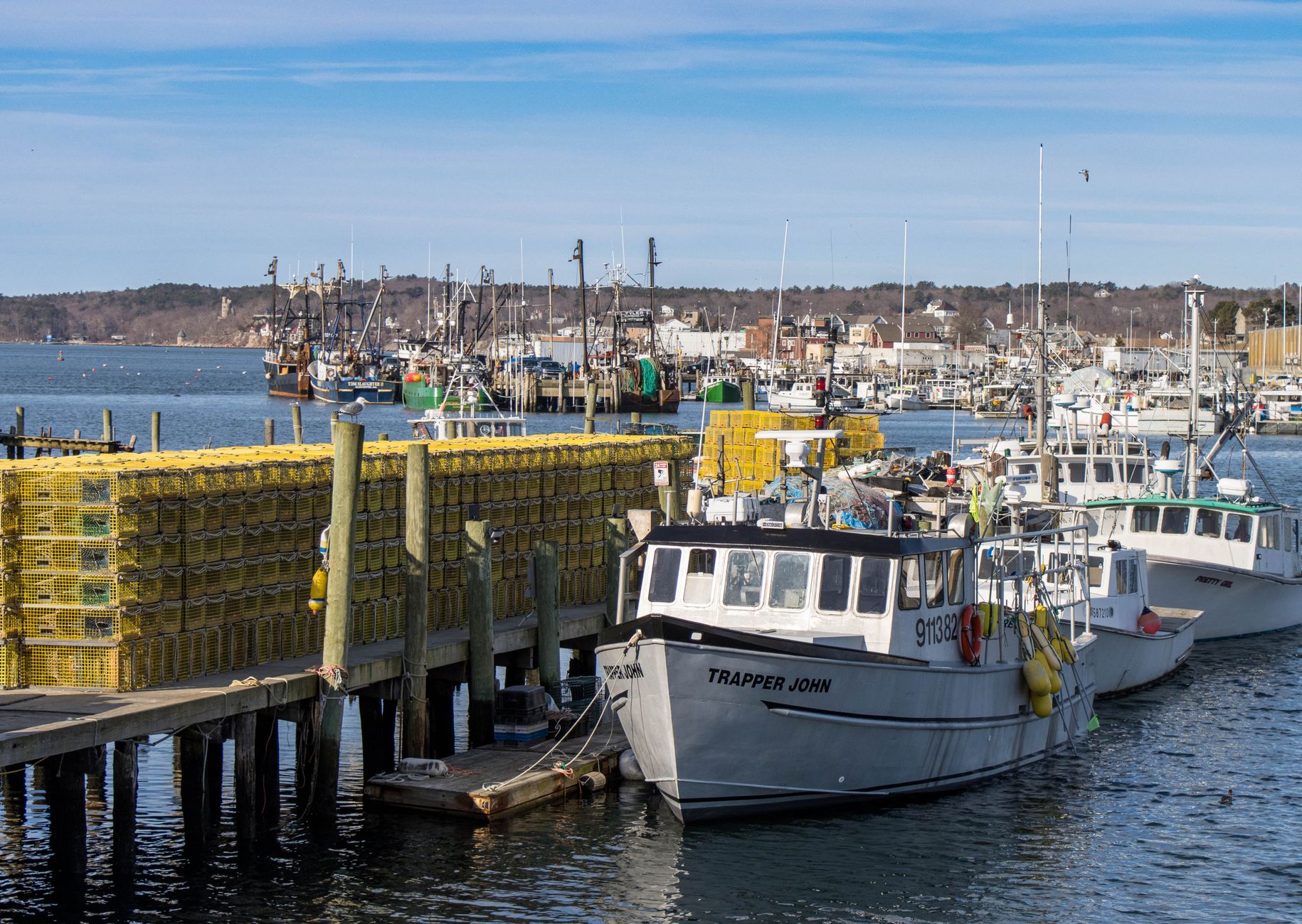 Fishing boats are moored along a working harbor quay beside stacked crates of catch.