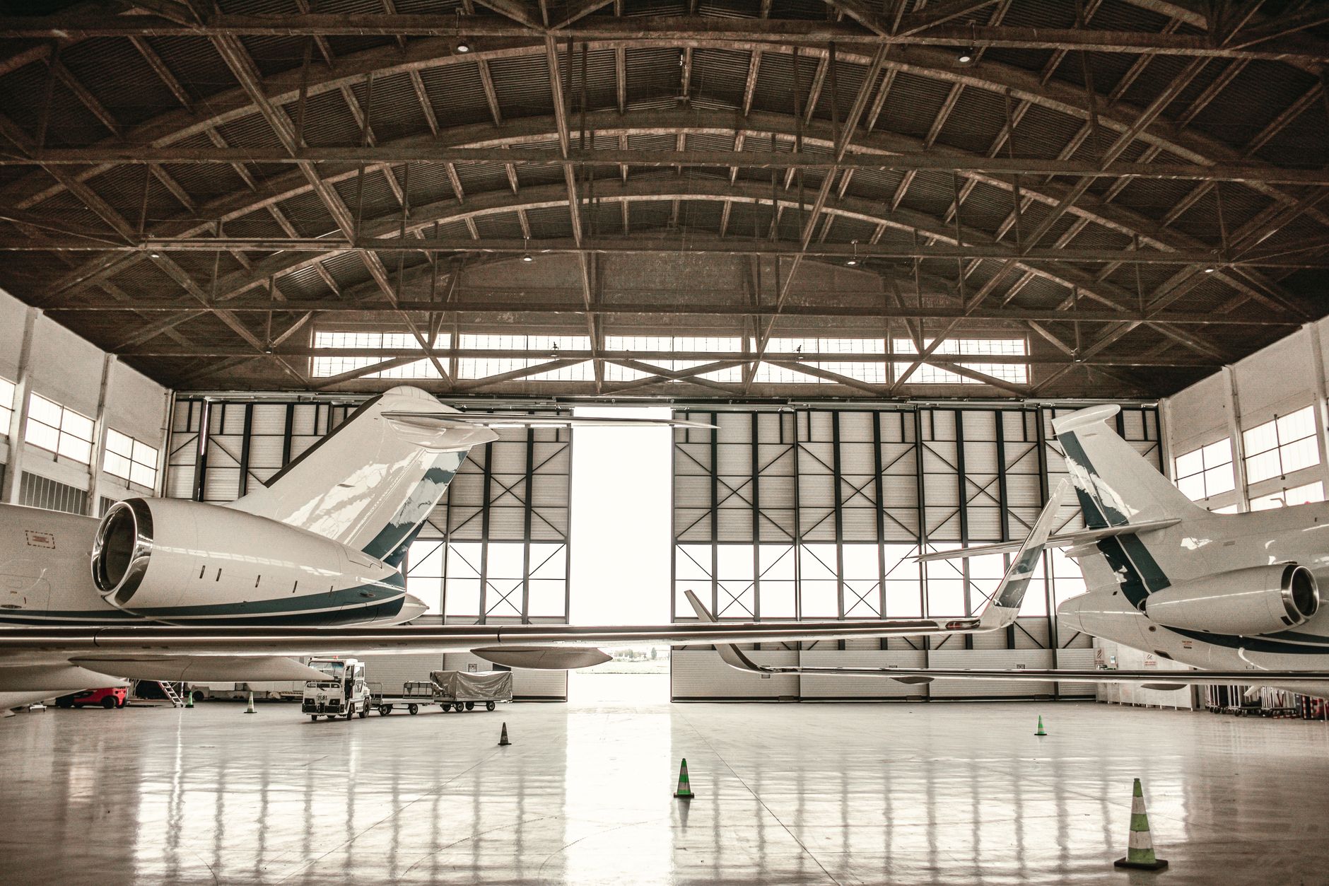 Bay line and work stands in a aircraft maintenance hangar