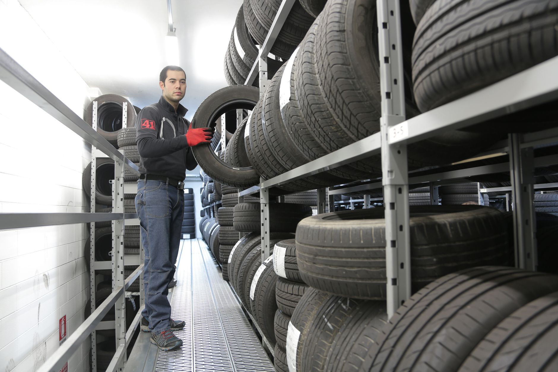 Tire storage and mounting area in a auto repair shop